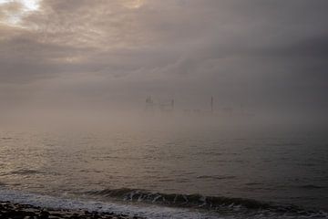 Schiff taucht aus dem Nebel auf von Beeldpracht by Maaike