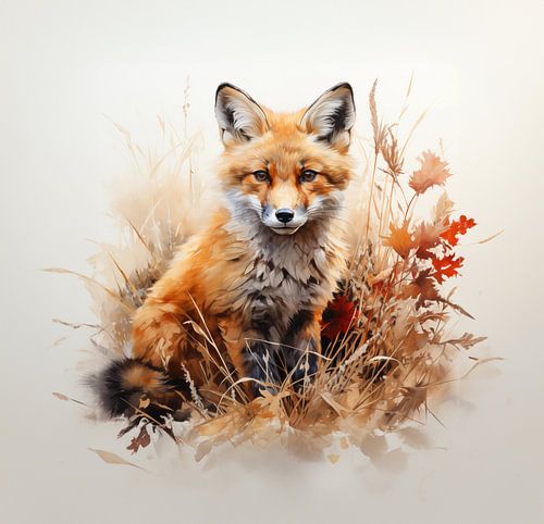 waterverf schilderij van een vossenwelpje