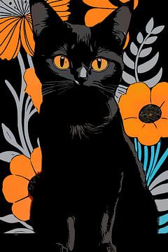 Black Cat umgeben von Blumen van Gabriella David