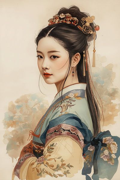 Original tibetische Frau in traditioneller Kleidung und Schmuck aus dem 18. von Brian Morgan