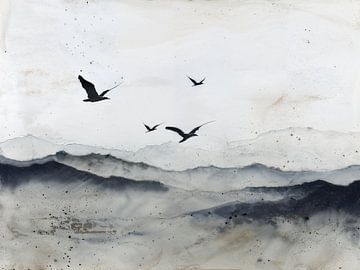 Paysage abstrait en gris avec des oiseaux