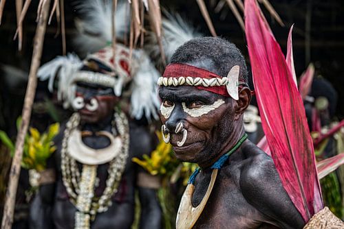 Traditioneel uitgedoste mannen op krokodillen festival bij de Sepik rivier in Papua Nieuw Guinea.