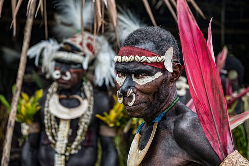 Traditionally dressed men at crocodile festival at Sepik River in Papua New Guinea. by Ron van der Stappen