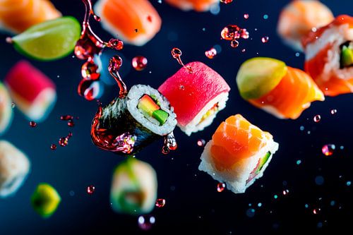 Sushi delicatessen in een spetterende dans