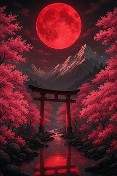 Torii sous une lune rouge sang