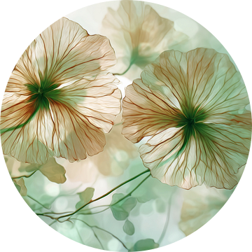Bloemen Transparant Beige met Groene Accenten in Dromige Abstractie