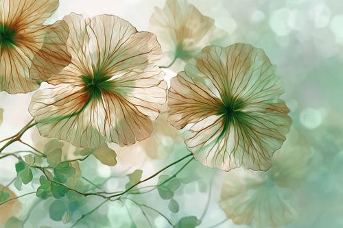 Fleurs beige transparent avec accents verts dans une abstraction rêveuse