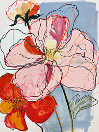 Abstract flowers in pink and blue by Lina van Oers
