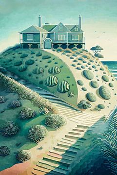 Holzhaus auf der Spitze einer Düne mit Vegetation am Meer von Anna Marie de Klerk