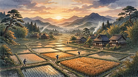 Golden Sunset Over Japanese Rice Fields by my pixel art