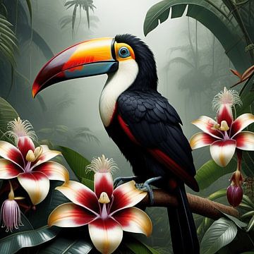 Toucan with red orchid in rainforest