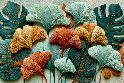 Ginkgo Balans – Botanisch 3D Reliëf met Terracotta en Saliegroen