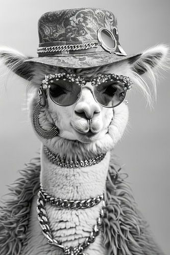 Lama met zonnebril en strohoed die stijlvol poseert