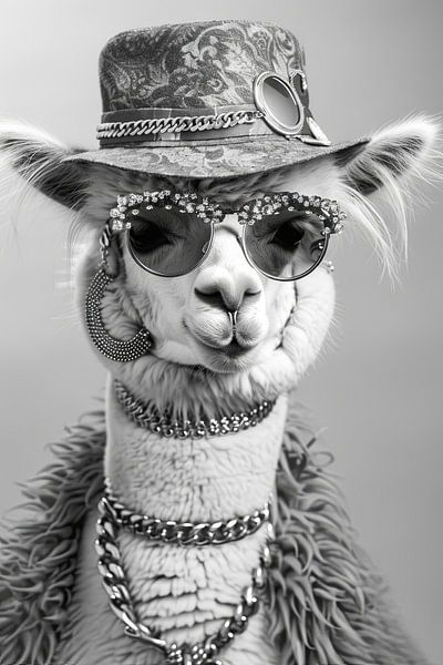 Lama met zonnebril en strohoed die stijlvol poseert van Poster Art Shop