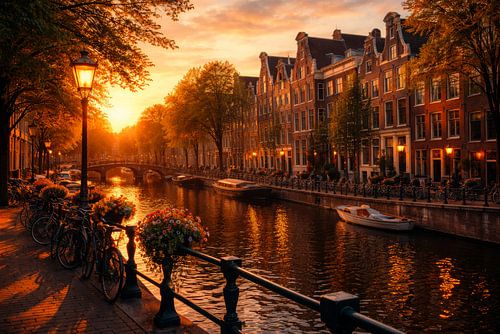 Canal d'Amsterdam au coucher du soleil dans des couleurs chaudes sur But First Framing