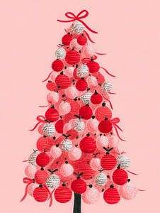 Rosa Retro-Weihnachtsbaum voller roter und weißer Ornamente