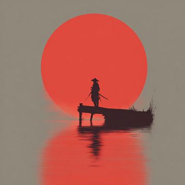 Samurai at Sunset Silence in Red Reflection by Eva Lee