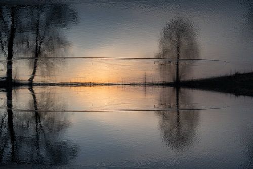 Reflectie van zonlicht en bomen in het water 3