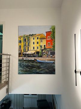 Klantfoto: Lazise vissershaven | Gardameer Italie | Aquarel schilderij van WatercolorWall