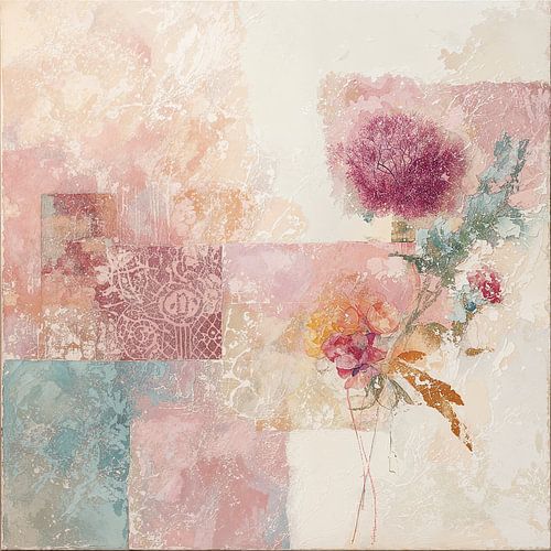 A refined abstract collage in which soft pastel shades of pink, turquoise, and cream intertwine in a harmonious interplay. The composition is enlivened by an expressive flower stem with roses in warm hues, while geometric planes and subtle textures create captivating layering. A delicate lace-like texture in the background adds a romantic element to this atmospheric work.