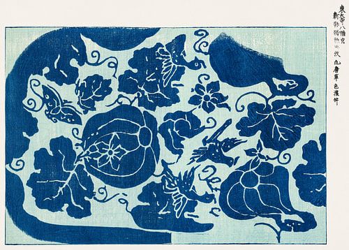 Japanse vintage botanische houtgravure in blauw en lichtblauw