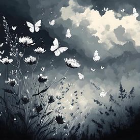 White butterflies flying out towards a dark looming cloud cover by John van den Heuvel