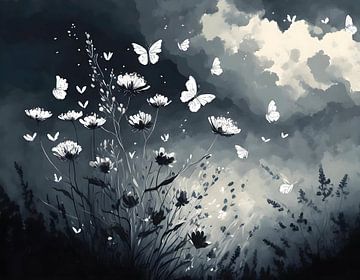White butterflies flying out towards a dark looming cloud cover