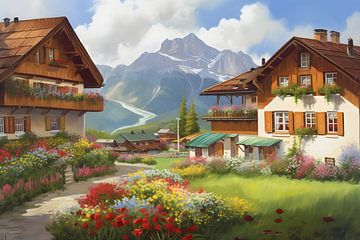 Dorf in Tirol mit Blumenkästen an den Häusern von Jan Bechtum