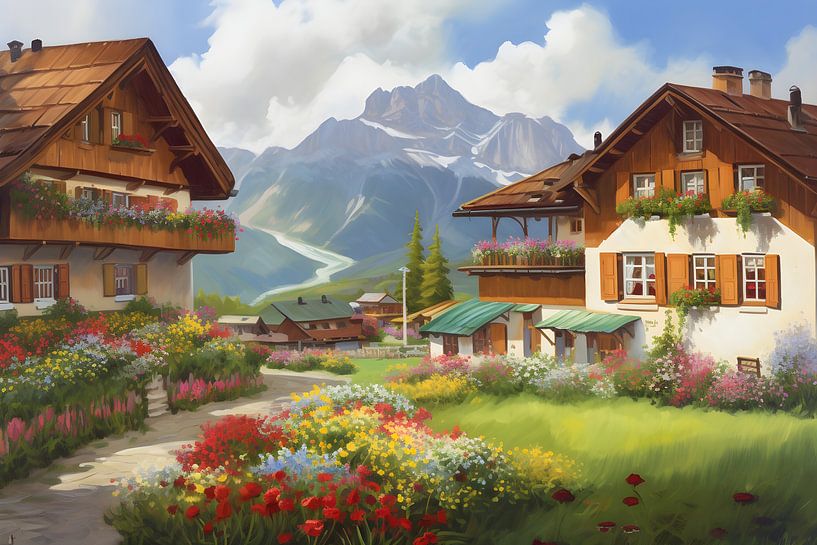 Village du Tyrol avec des bacs à fleurs sur les maisons par Jan Bechtum