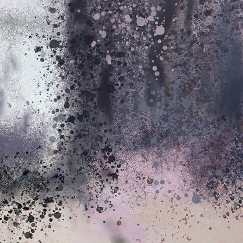 Door het raam. Moderne abstracte kunst in pastel lila, beige, taupe, blauw.