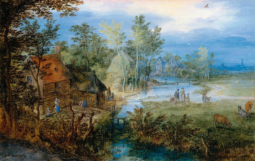 Dorfszene mit Figuren und Kühen, Jan Brueghel de Oude von Meisterhafte Meister
