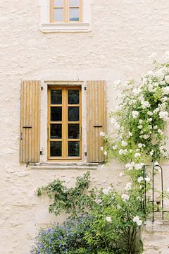 Franse sfeer | Begroeide muur met bloemen en houten venster | Reis foto wall art print