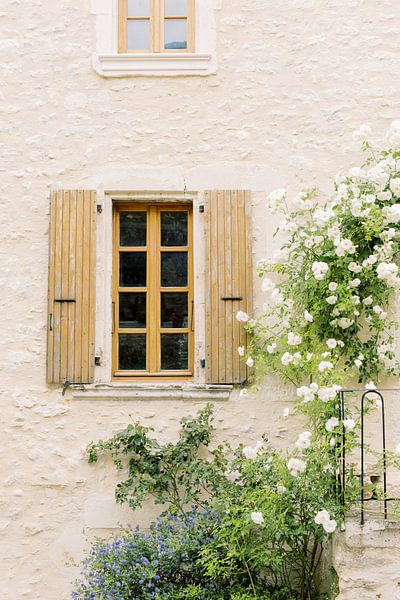 Franse sfeer | Begroeide muur met bloemen en houten venster | Reis foto wall art print van Milou van Ham