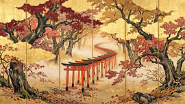 Herfst-torii-poorten in een goudkleurig bos van my pixel art