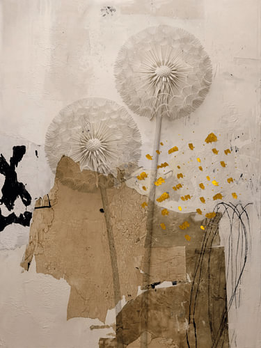 Stylish Dandelions: Two White Fluffy Balls in Mixed Media