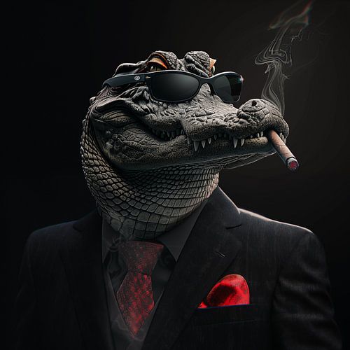 Alligator met sigaar en zonnebril