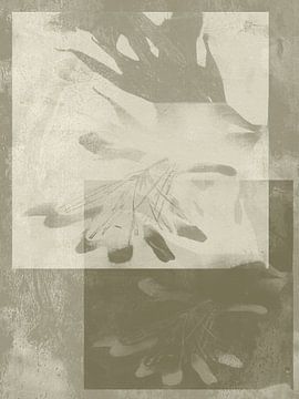 Neutraal abstract. Bladeren in kaki groen grijs en wit. van Dina Dankers