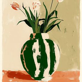 A minimalist still life featuring tulips in a striped vase by But First Framing