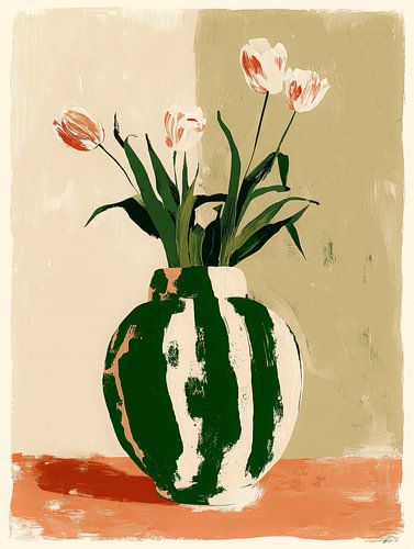 Minimalistisches Stillleben mit Tulpen in einer gestreiften Vase