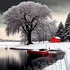 Droombeeld met rode boot in een winter landschap 4 van Maarten Knops