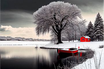 Droombeeld met rode boot in een winter landschap 4 van Maarten Knops