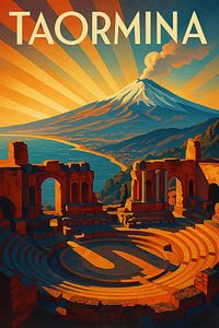 Taormina Art Deco Travel Poster - Antikes Theater und Ätna