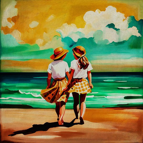 Amitié de deux filles au bord de la mer par Jan Keteleer