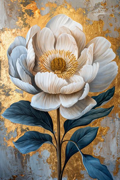 White peony on gold and concrete by Marianne Ottemann - OTTI
