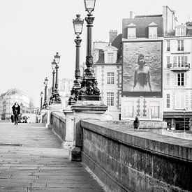 Brug over de Seine met lantaarns en een duif in Parijs in zwart-wit van Angeline Dobber
