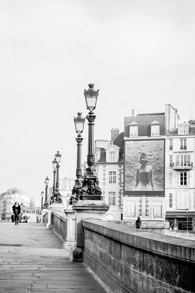 Bridge over the Seine with lanterns and a dove in Paris in black and white by Angeline Dobber