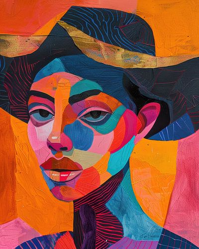 Colourful modern female portrait on orange background