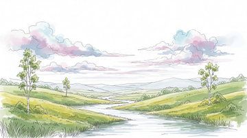 Aquarell Illustration von Fluss durch Hügel Landschaft von Markus Gann
