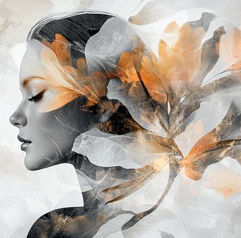 Portrait abstrait femme avec fleur, orange
