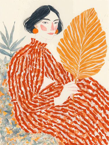 Femme en robe orange avec une feuille tropicale dans un cadre serein